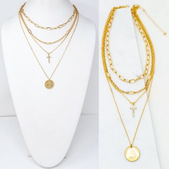 NEW 4 Layered Link Chain Sparkly Rhinestone Cross & Coin Pendant Gold Necklace - Picture 6 of 8